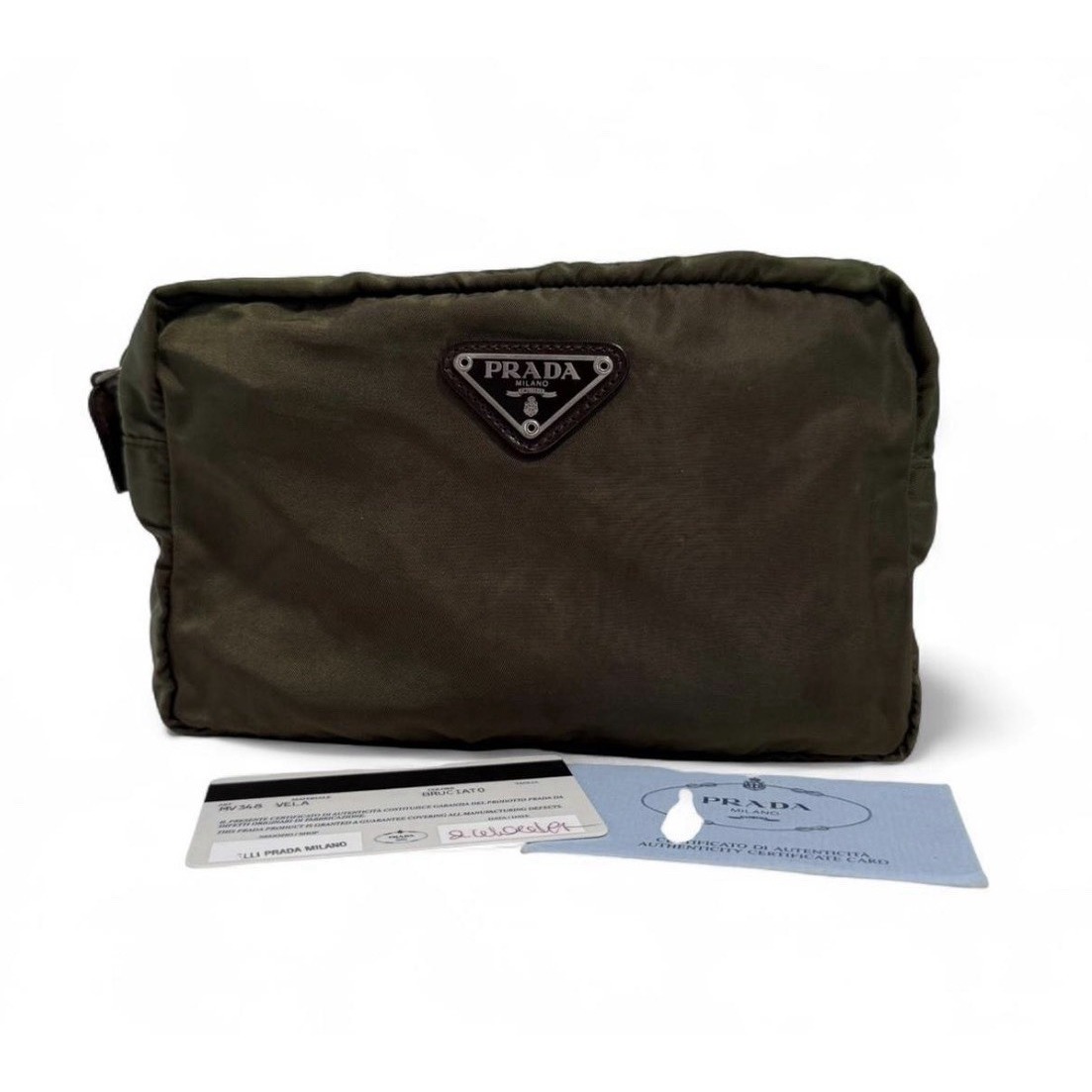 Prada Nylon Cosmetic Pouch Green Mv348 Unisex With Authentication Card